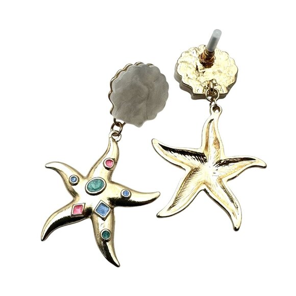 Multicolor Pastel Star Fish Gold Tone Earrings Pierced Sea Shell Beach Vaycay - Picture 5 of 5